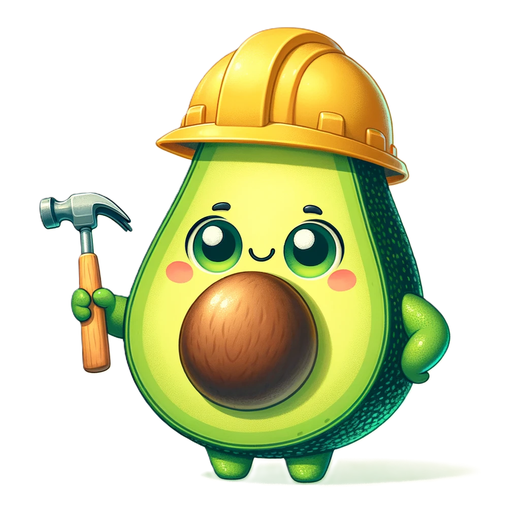 Cartoon avocado character with a cheerful smile, wearing a yellow construction helmet and holding a hammer, symbolizing a website under construction.